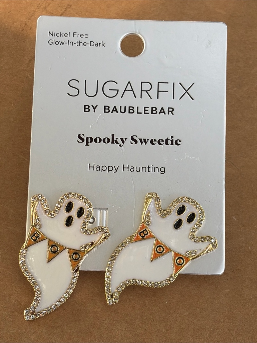 BaubleBar White & Gold Halloween Ghost Stud Earrings with Orange Banner